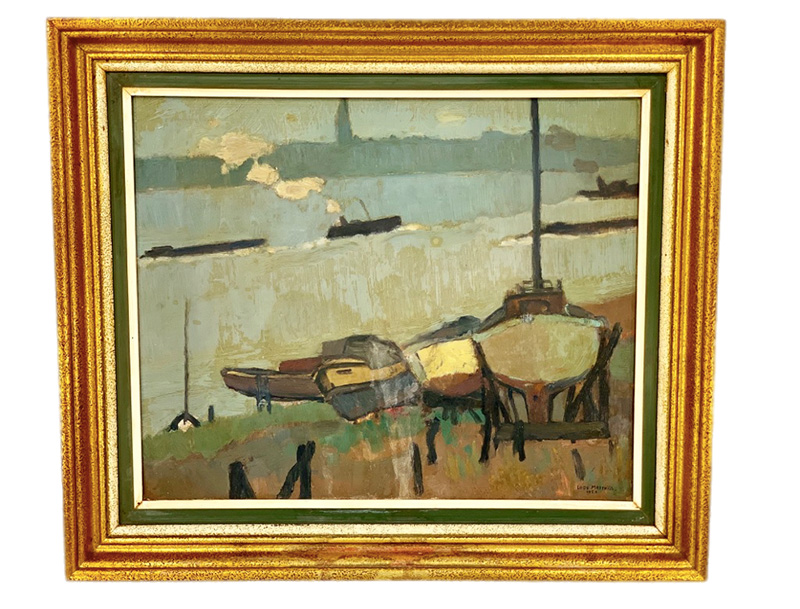 20th c. Vintage Beligum Oil on Canvas Dry Dock Boat Scene..Signed by Lode Matthijs