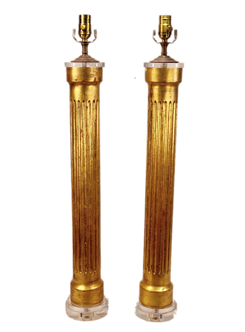 20th c. Italian Gold Leaf Fluted Column Lamps