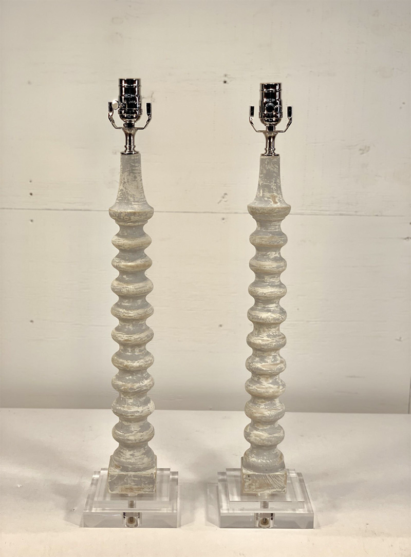Pair of Vintage Blue and White Distressed Spindle Lamps on Lucite base