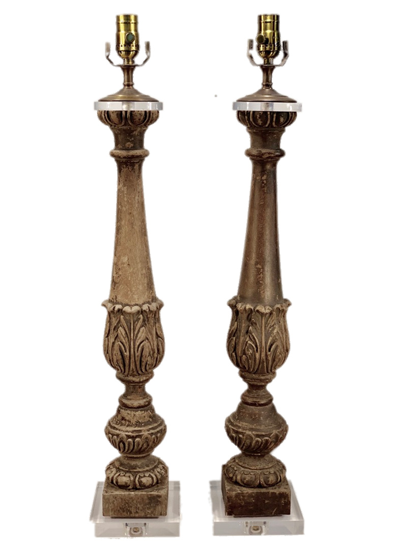  19th c. Vintage French Walnut Craved Baluster Lamps on Lucite base