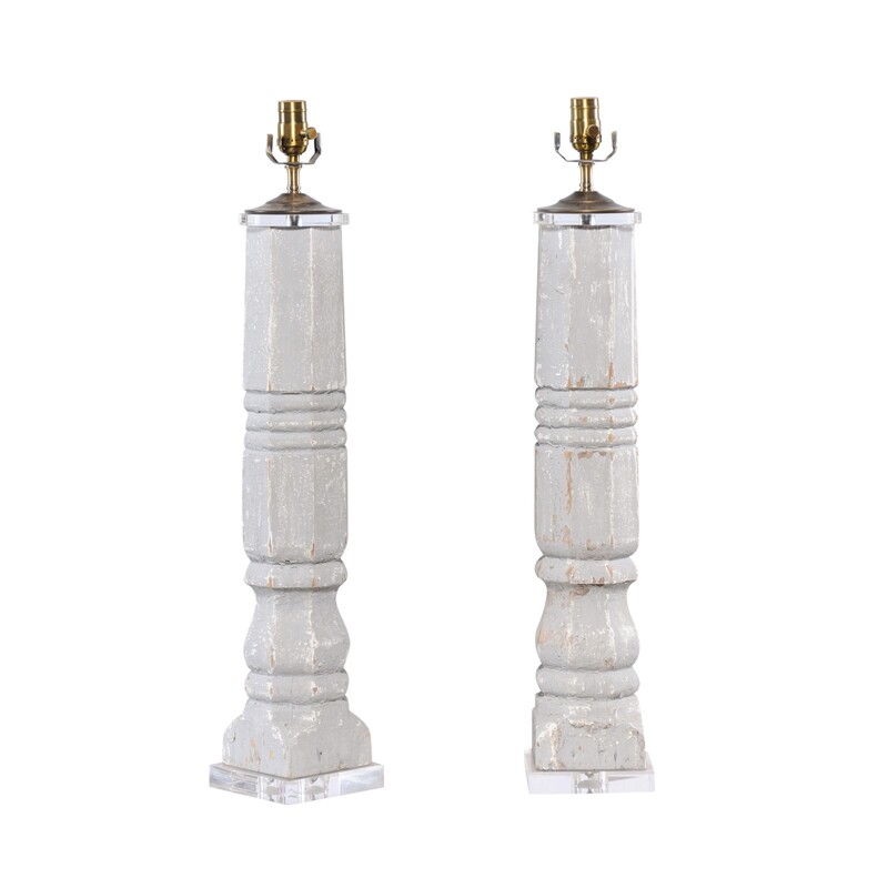 19th c Grey distressed painted Column lamps pair 