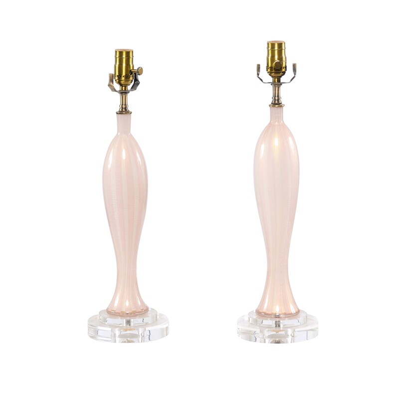 1960's Pair of Blush Pink Swirl Murano Glass Lamps