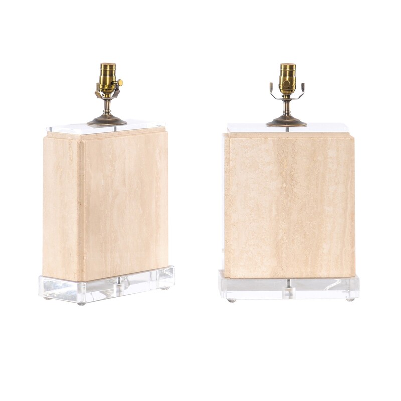 1970s Pair of Travertine and Acrylic Modern Style Table Lamps